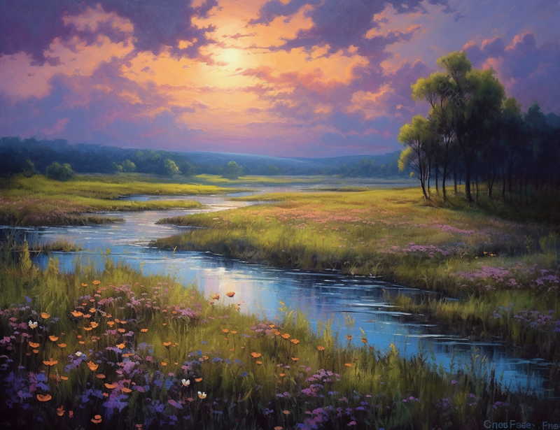 夏日傍晚的森林草地上的溪流两侧野花花簇盛,插画/手绘图,插画/手绘图库,插画/手绘图下载,插画/手绘
